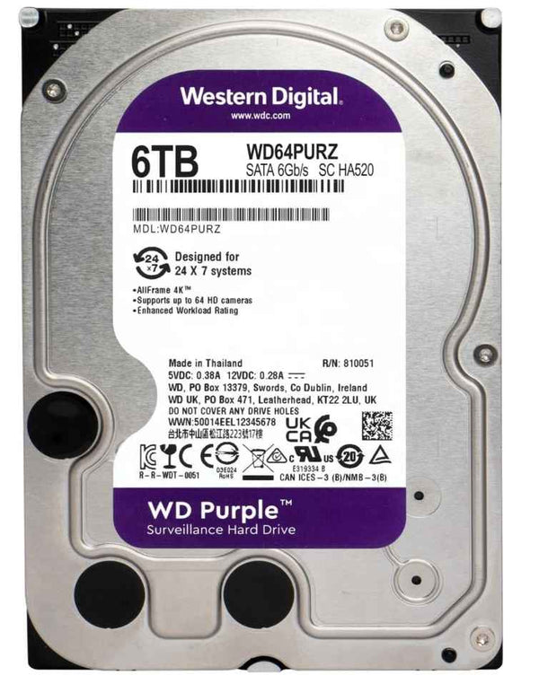 Western Digital Purple 6TB Surveillance 3.5" Internal HDD – SATA 6Gb/s, 256MB Cache (WD64PURZ)