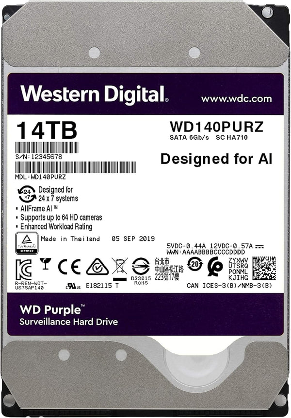 Western Digital Purple 14TB Surveillance HDD – WD140PURZ / WD141PURZ / WD141PURP,  3.5" SATA, 512MB Cache, 6Gb/s