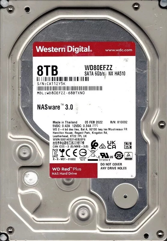 Western Digital 8TB WD Red NAS Hard Drive - 3.5 SATA, 5400RPM, 256MB Cache, WD80EFAX, WD80EFZZ - Internal HDD for NAS & Enterprise PCs